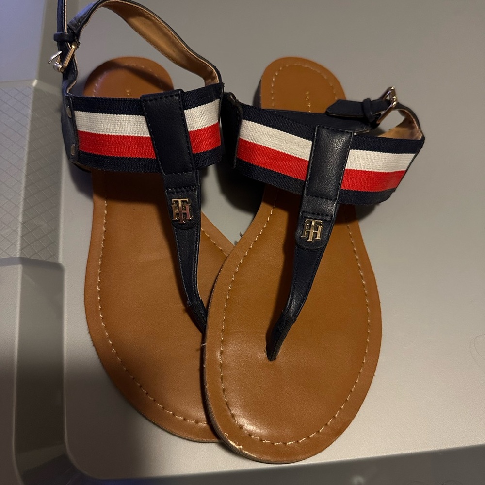 Tommy Hilfiger Blue and Brown Sandals with Striped Accents
